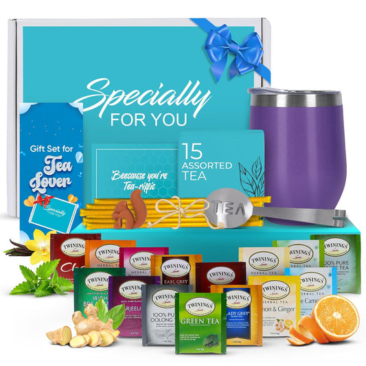 Modern Elegance Tea Gift Set, Includes 15 Teas, Stainless Steel Tumbler, Honey Straws, Tea Spoon Squeezer, Squirrel Tea Bag Holder (Purple)