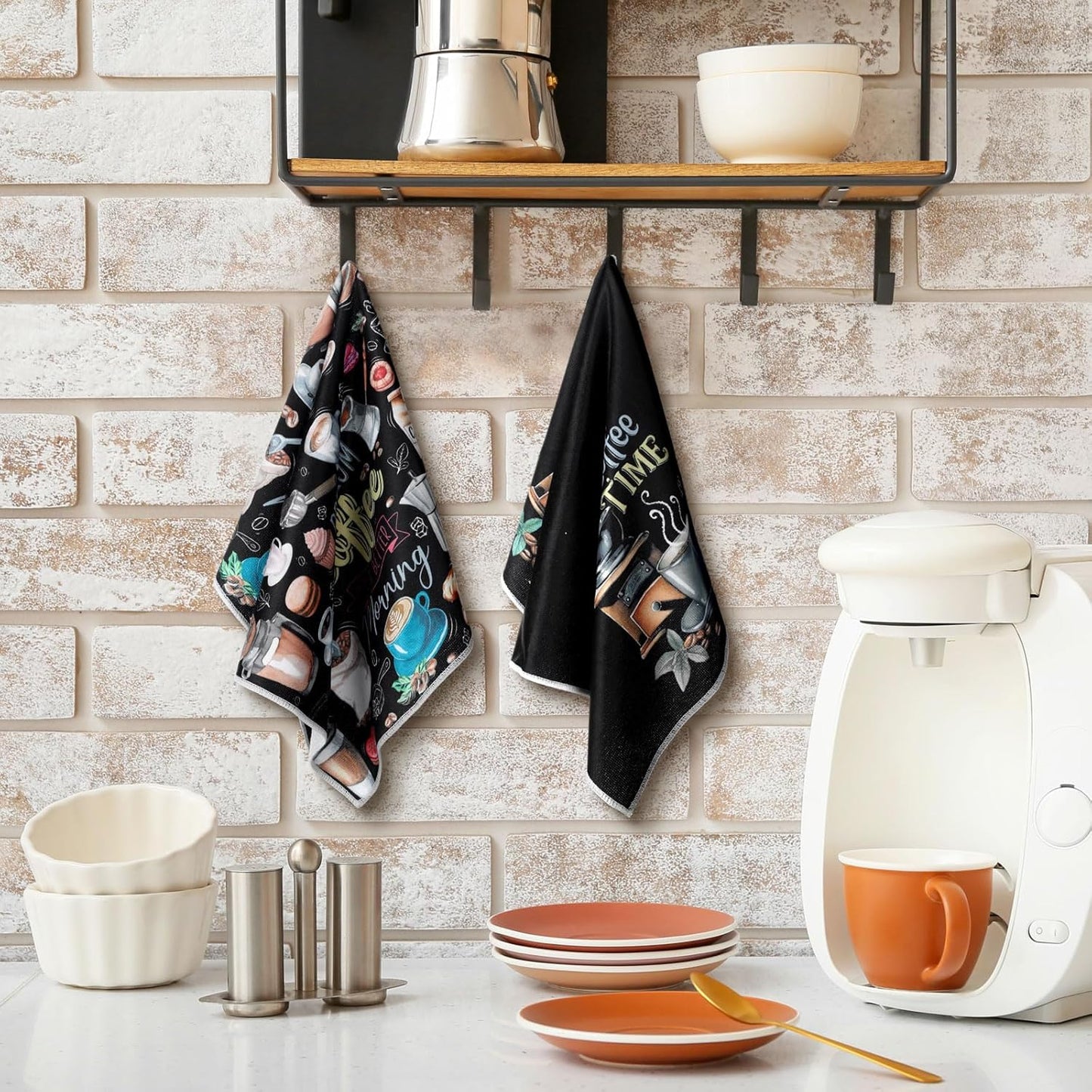 Ferraycle 4 Pieces Kitchen Dish Cloths Coffee Kitchen Hand Towels Absorbent Tea Towels 24 x 16 Inches, Café Lover Gift Bar Decorative Dish Cloths Rags, for Farmhouse (Black,Coffee Time)