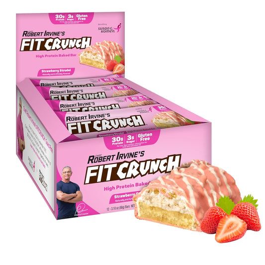 FITCRUNCH Full Size Protein Bars, 6-Layer Baked Bar, 3g of Sugar, Gluten Free & Soft Cake Core (12 Bars, Strawberry Strudel)