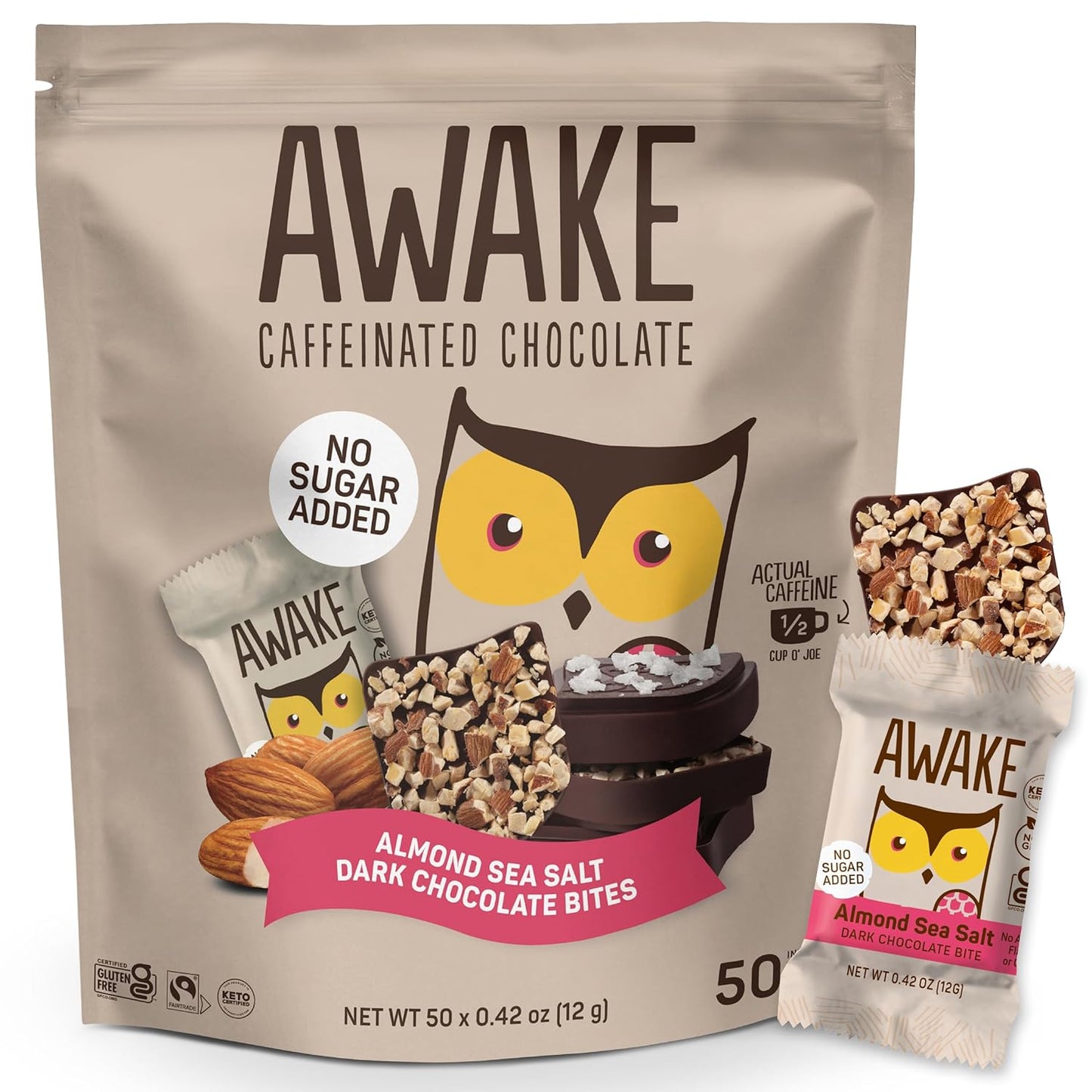 AWAKE - Caffeinated Chocolate Bites - 50mg of Caffeine - Bite-Size Energy Bars - Low-Calorie Snacks - Keto - Gluten-Free - Non-GMO - Coffee Alternative - Almond Sea Salt Dark Chocolate - 50 Bites