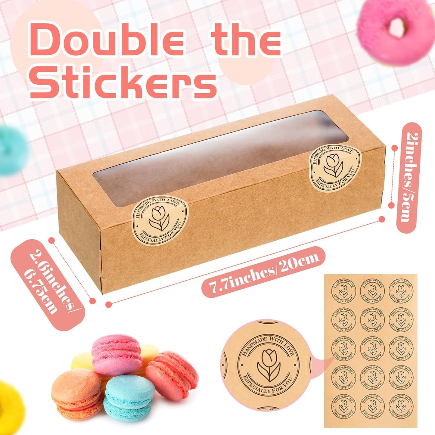 Sherr 50 Pcs Brown Macaron Boxes with Window, Cookies Boxes with 200 Pcs Stickers Long Bakery & Dessert Gifts Containers for Donuts, Pastry, Chocolate Covered Strawberry