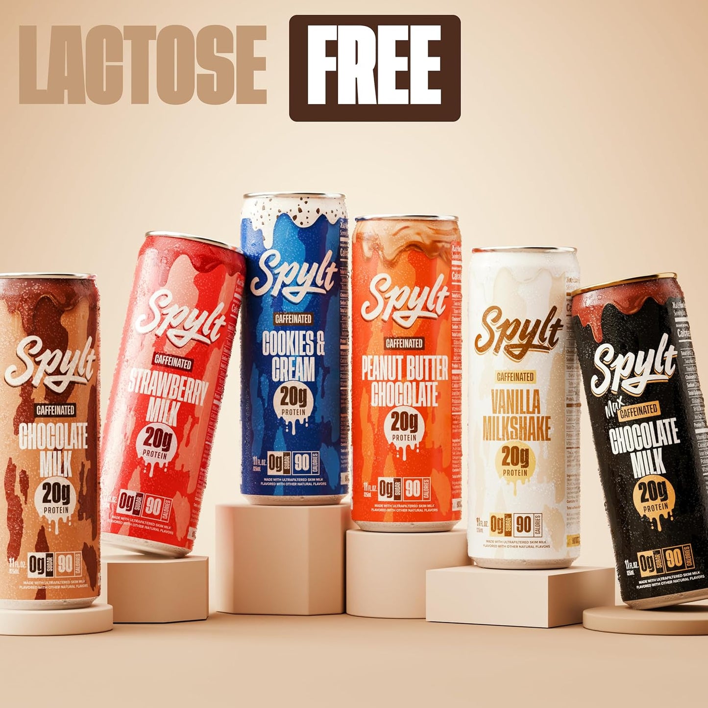 Spylt High Protein Milk - 6 Flavor Variety Pack with 60mg Caffeine & 20g Protein - 90 Calories, Ready to Drink, Sugar Free, Lactose Free Milk, Perfect for Workout Recovery & Afternoon Pick Me Up - 12 Count