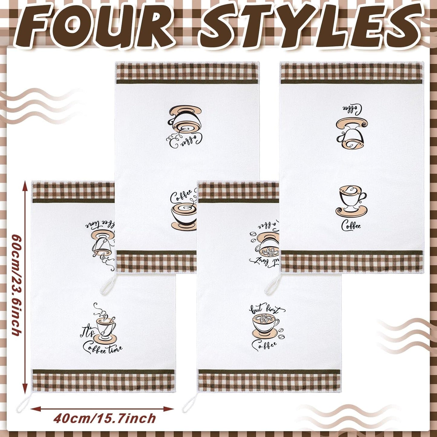 Ferraycle 4 Pieces Kitchen Dish Cloths Coffee Kitchen Hand Towels Absorbent Tea Towels 24 x 16 Inches, Coffee Lover Gift Bar Decorative Dish Cloths Rags, for Farmhouse (Mainly White,Cup Pattern)