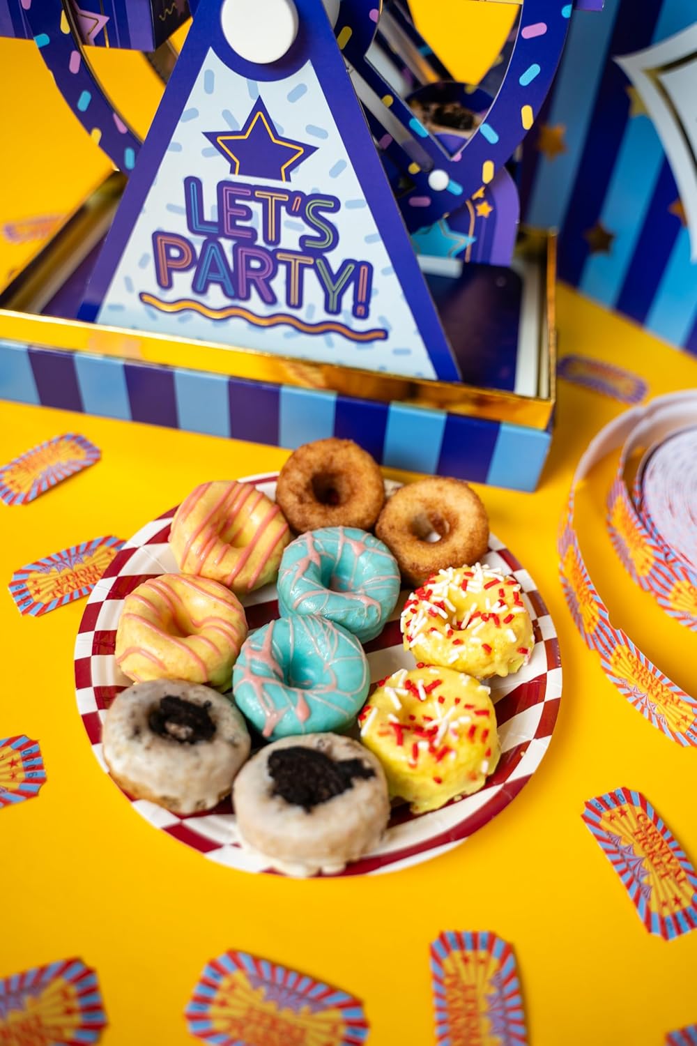 Party Time Mini Donut Ferris Wheel Box by Send A Cake – Ready to Gift, No Assembly Needed – 10 Mini Cake Donuts, Spins, Lights & Music – Fun Birthday & Celebration Gift for Women, Men, Adults, Kids