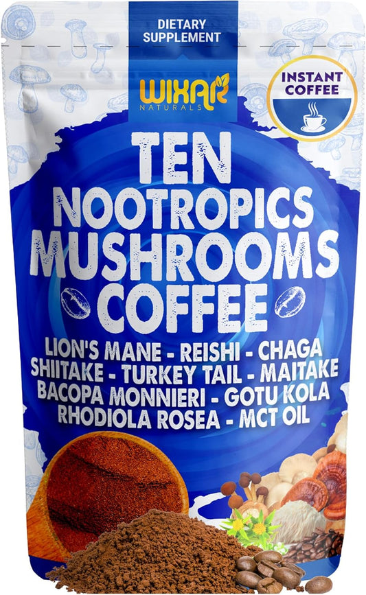 Wixar Nootropics Mushroom Coffee - Ten Superfood Extract Instant Coffee Powder with Lions Mane, Turkey Tail, Reishi, Chaga, Shiitake, Rhodiola Rosea, Gotu Kola, Bacopa - 5oz Mushrooms Supplement