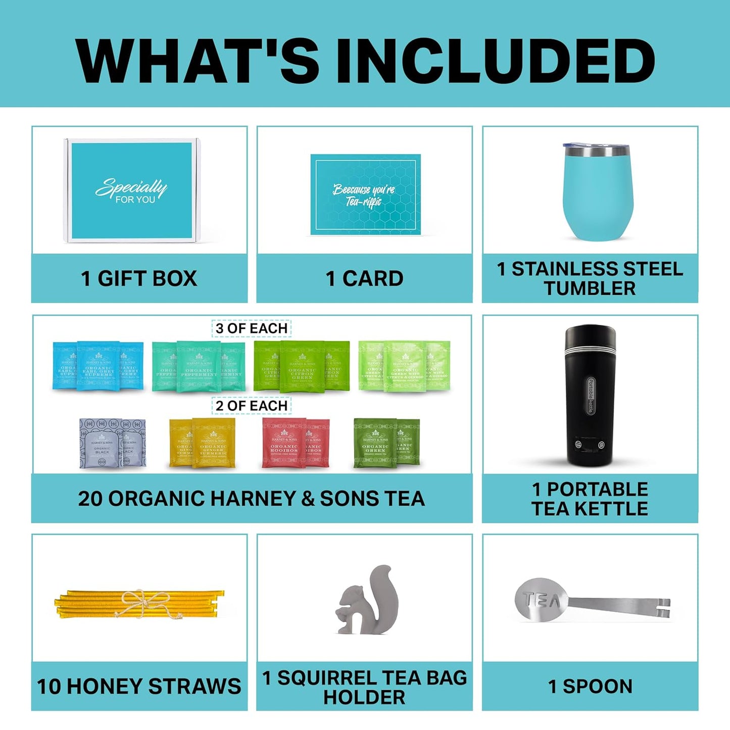 Gift Set with Kettle – 36-Piece Sampler for Tea Lovers with Insulated Mug, Organic Blends & Accessories (Organic Hrny & Sons Tea)