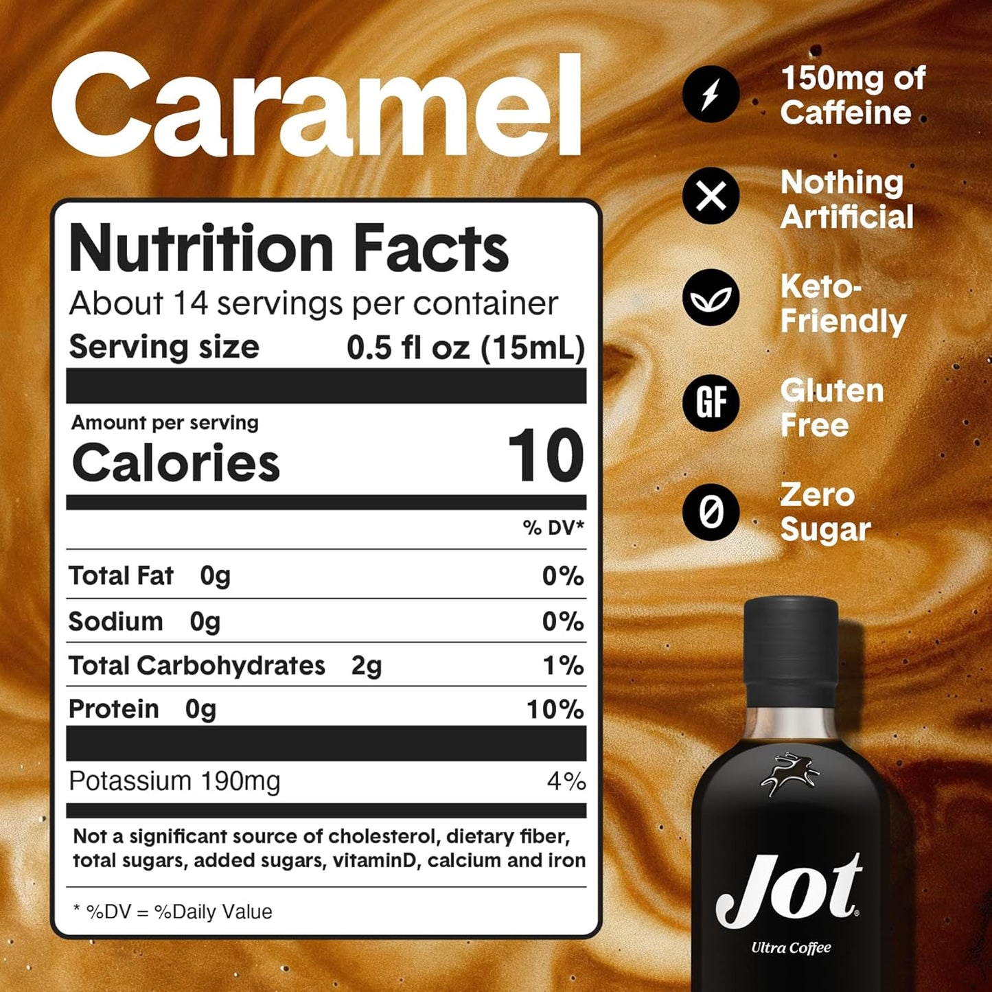 Jot Coffee Concentrate (Caramel) High Caffeine Cold Brew Coffee Concentrate Liquid for Iced Coffees, Instant Espresso, Hot or Cold Instant Coffees - Makes 14 Cups, 150mg Caffeine/Tbsp, Sugar Free