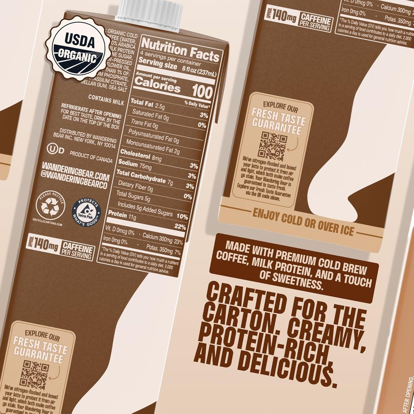 Wandering Bear Double Latte Organic Cold Brew Coffee — 32 fl oz, 6 pack - Creamy High-Protein Cold Brew Latte, 11 g Protein, Only 100 Calories, 5 g Sugar, Double Shot Strength (Shelf-Stable)