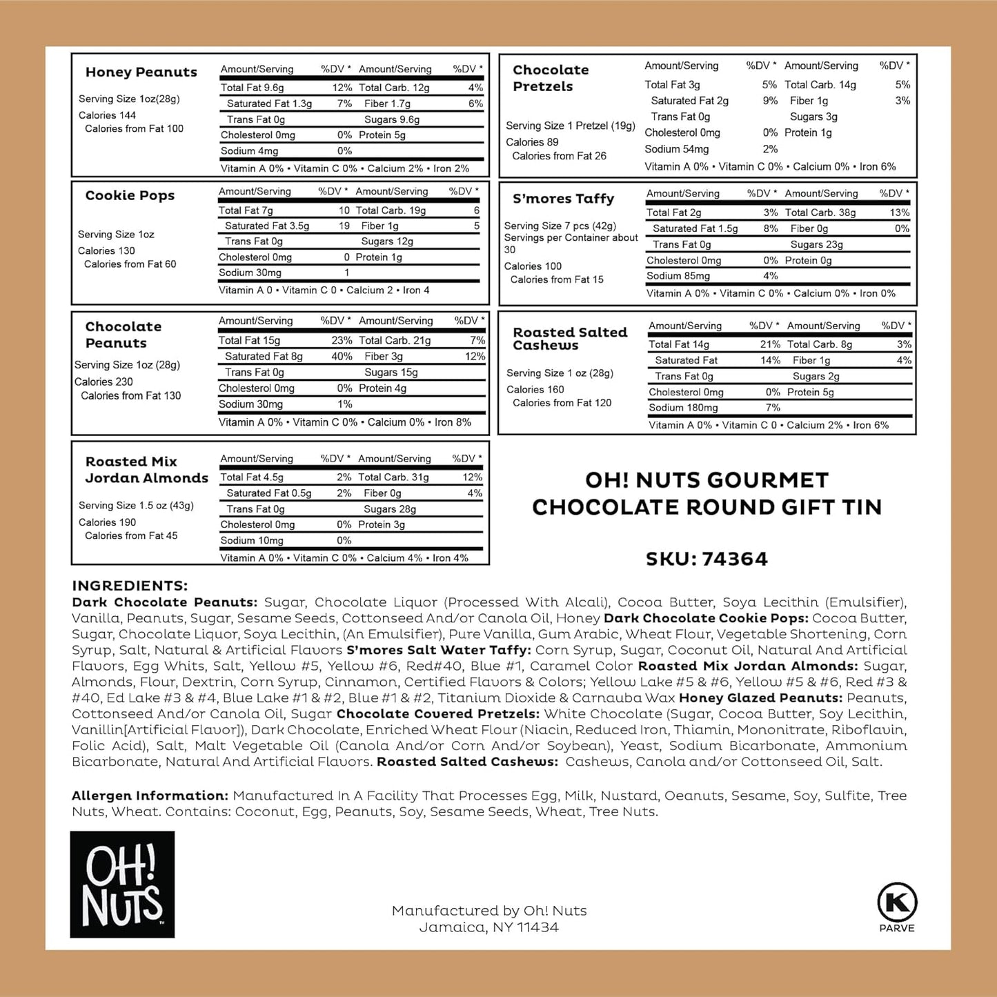 Oh! Nuts Chocolate Covered Pretzels and Nuts Gift Basket - 7 Section Gourmet Assorted Chocolates Gifts Baskets - Healthy Chocolate Round Metal Tin Box for Birthday, Holiday, Corporate, Family, Men & Women