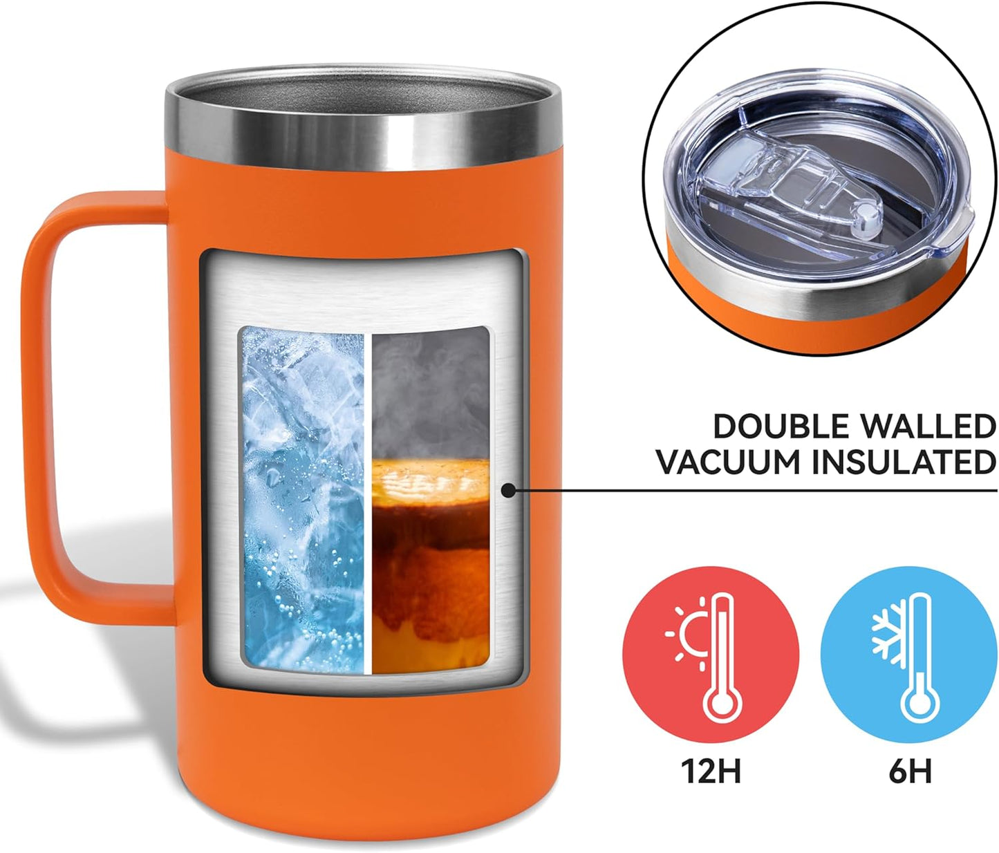DOMICARE 24oz Mug with Handle and Lid, Stainless Steel Coffee Mug, Travel Mug with Handle, Double Wall Vacuum Coffee Tumbler, Reusable Insulated Cup, Orange, Pack 4