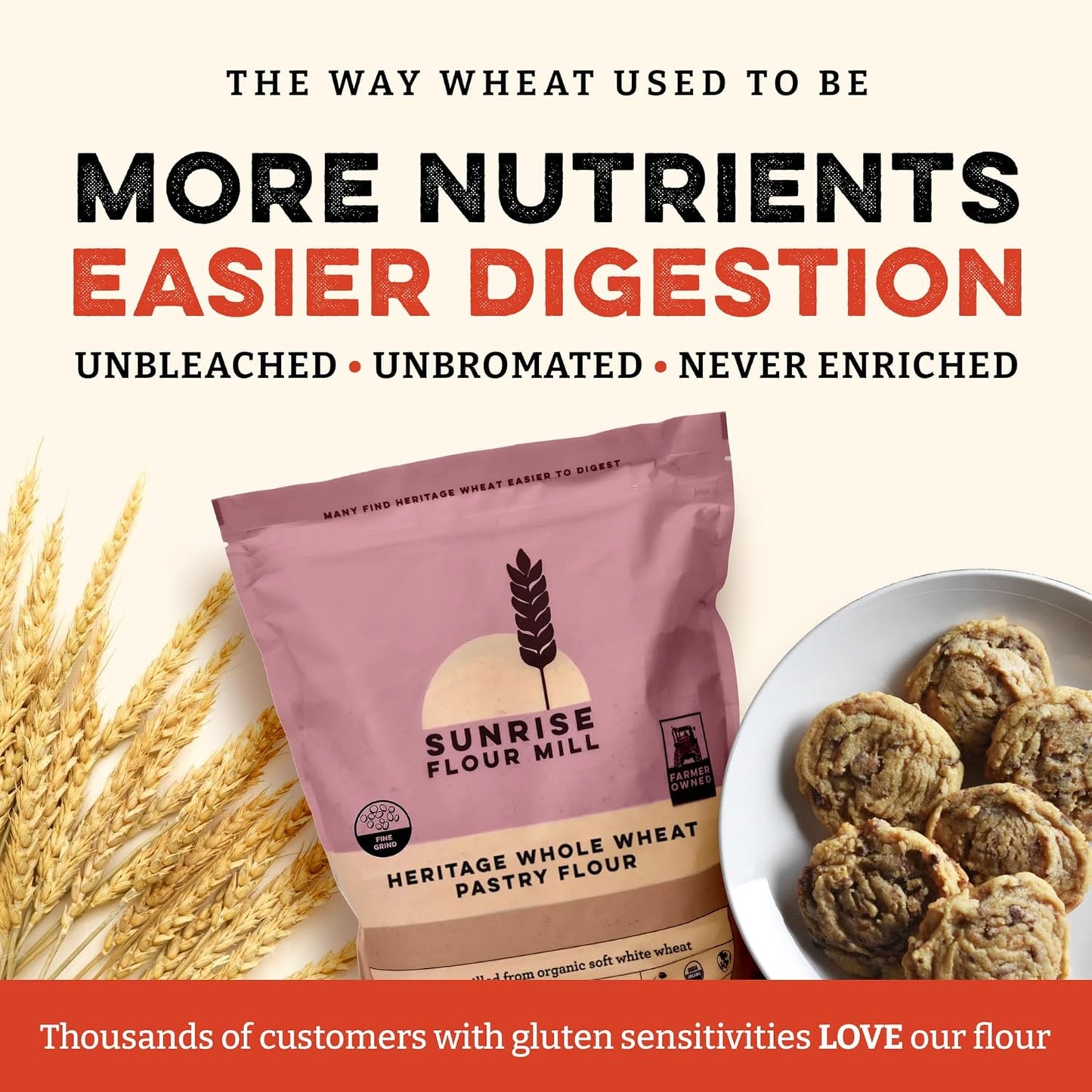 Sunrise Flour Mill USDA Organic Heritage Whole Wheat Pastry Flour - 2 lbs | Great for Gluten Sensitive People | Easier to Digest with Less Bloating | No Bleaching or Bromating | Zero Additives