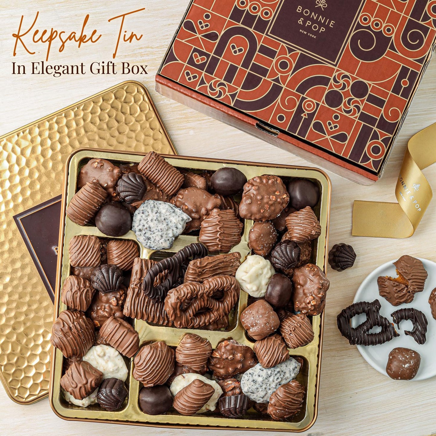 Chocolate Gift Basket, Gourmet Snack Food Box in Keepsake Tin, 2+ lbs of Chocolate, Great for Birthday, Sympathy, Family Parties & Get Well - Bonnie & Pop