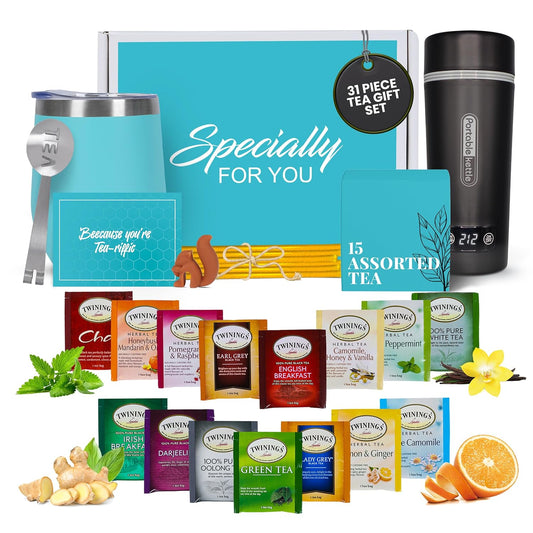 Gift Set with Kettle – 31-Piece Sampler for Tea Lovers with Insulated Mug, Gourmet Blends & Accessories (Twning Tea)