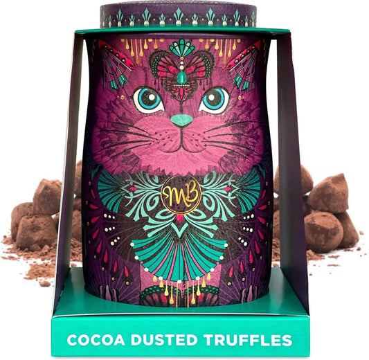 Monty Bojangles Cocoa Dusted Chocolate Truffles Cat Tin (Violet Rebel - 4.7oz) Choccy Scoffy Flavored Luxury Chocolatey Truffles - Collectable Cat Tin, Chocolate Gift Box With Bespoke Design
