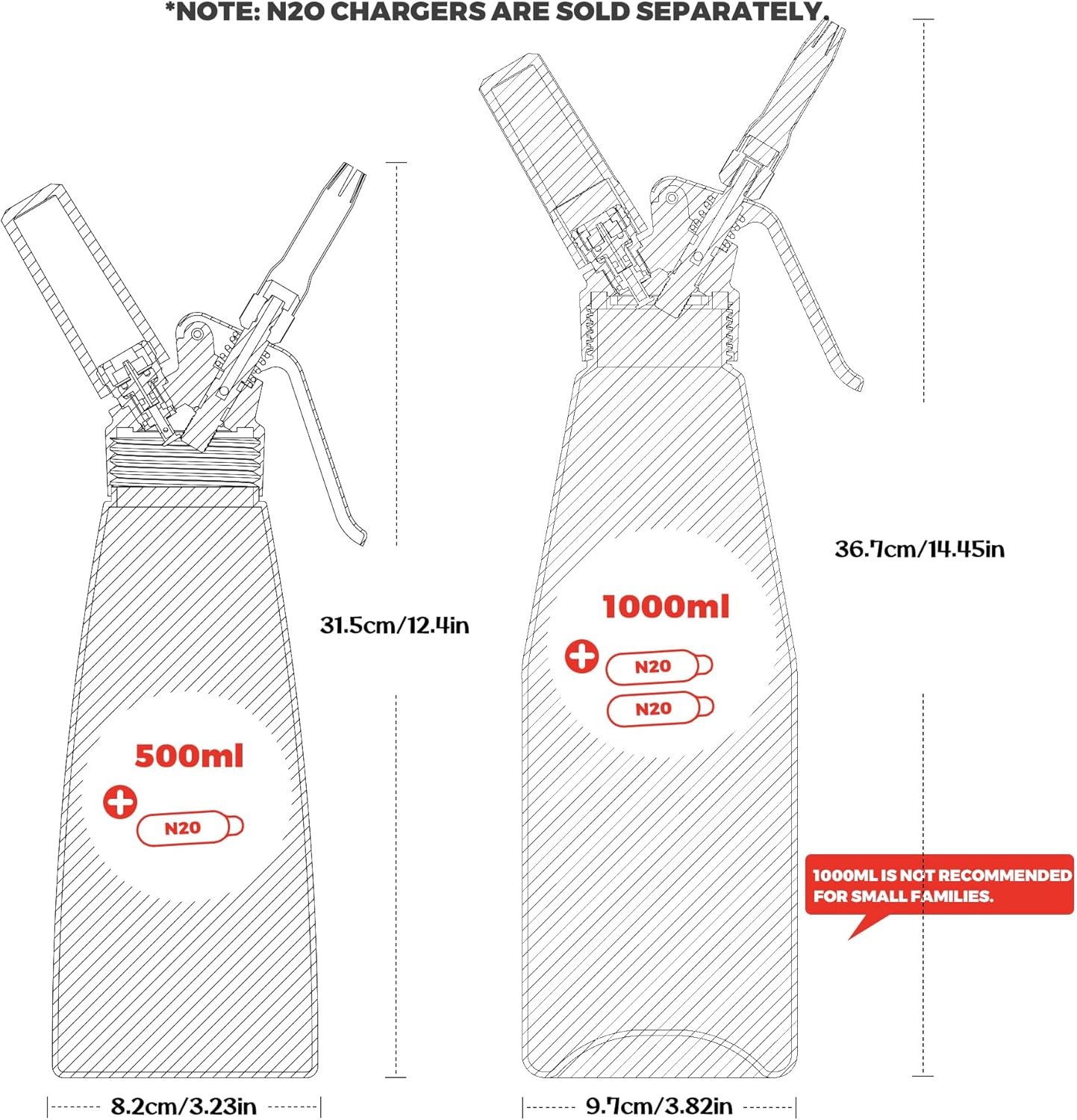 Whipped Cream Dispenser,Stainless Steel Bottle With Aluminum Head,1-Pint/500mL,Whip Cream Maker Canister with 3 Decorating Nozzles & Cleaning Brush - Need To Use N2O Chargers (Not Included) (500ml)