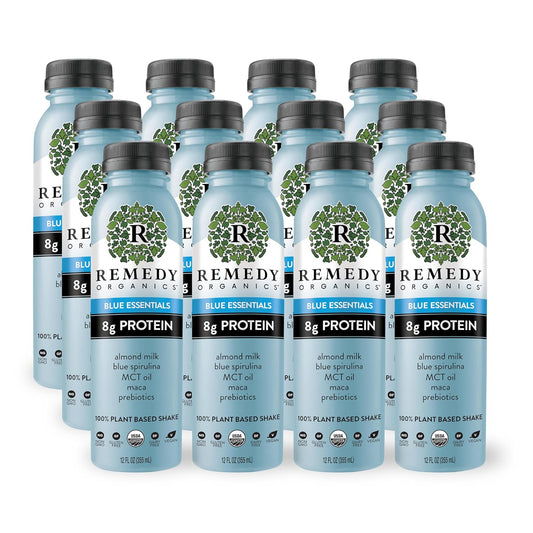 Remedy Organics Blue Essentials 12-Pack | Plant Based 8g Protein Shakes, Ready to Drink | USDA Organic, Gluten Free, Dairy Free, Soy Free