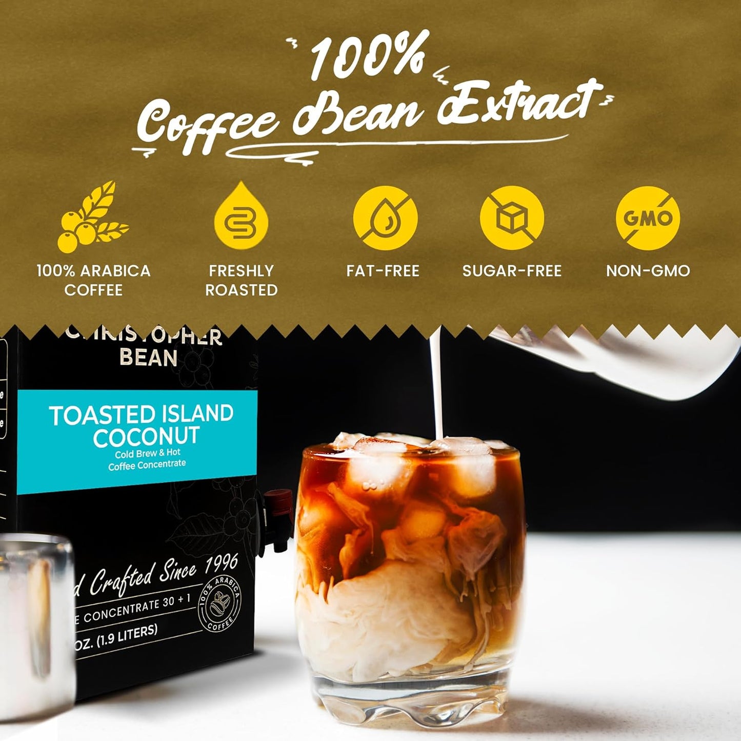 Christopher Bean Coffee - 396 servings, 30 to 1 Blend Bag in Box Liquid Instant Coffee or Cold Brew Coffee Concentrate - Hot or Iced Coffee - Toasted Island Coconut