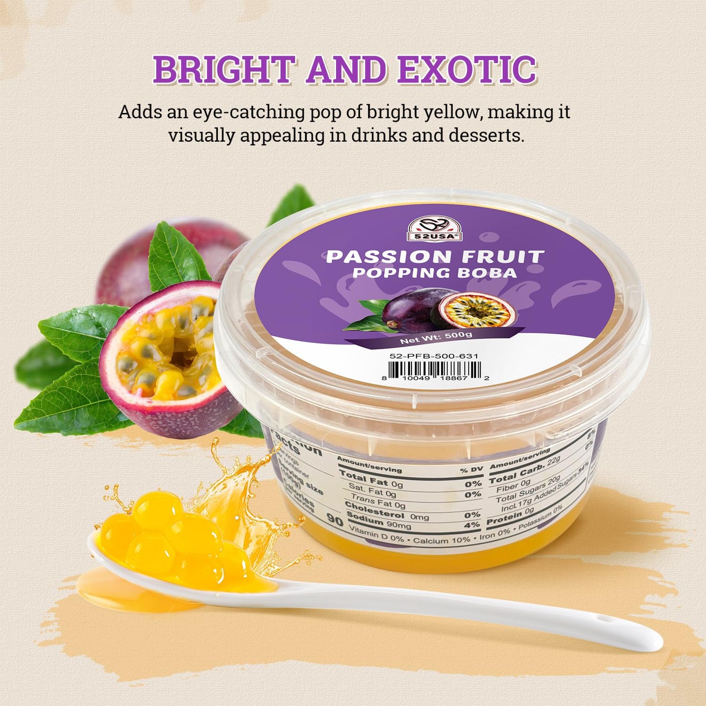 52USA Passion Fruit Popping Boba (1000g), Popping Pearls for Bubble Tea, Beverages, Sweets, Ice Cream, Shakes, Desserts & Smoothies Topping, 1.1 Pound (Pack of 2)