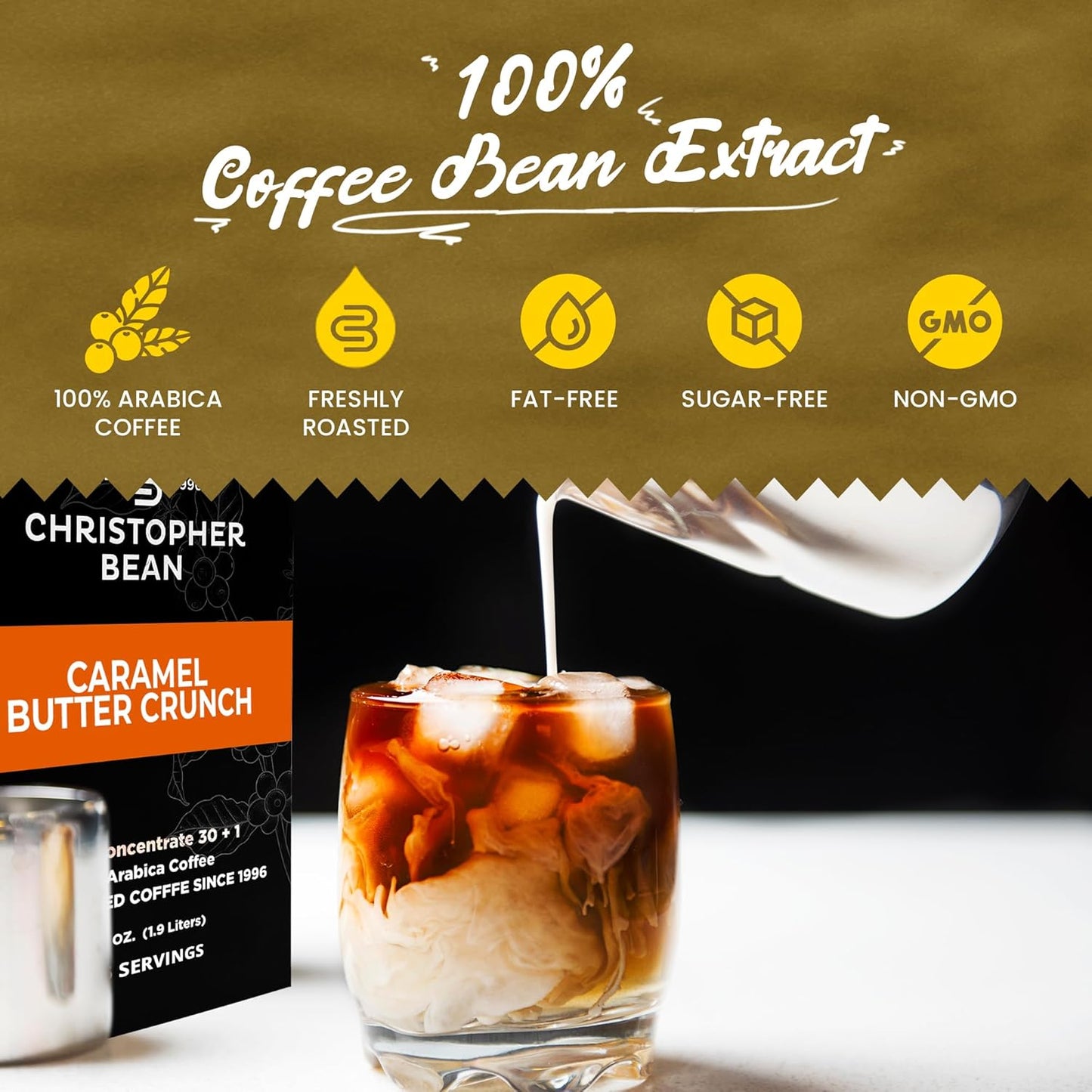 Christopher Bean Coffee - 396 servings, 30 to 1 Blend Bag in Box Liquid Instant Coffee or Cold Brew Coffee Concentrate - Hot or Iced Coffee - Caramel Butter Crunch