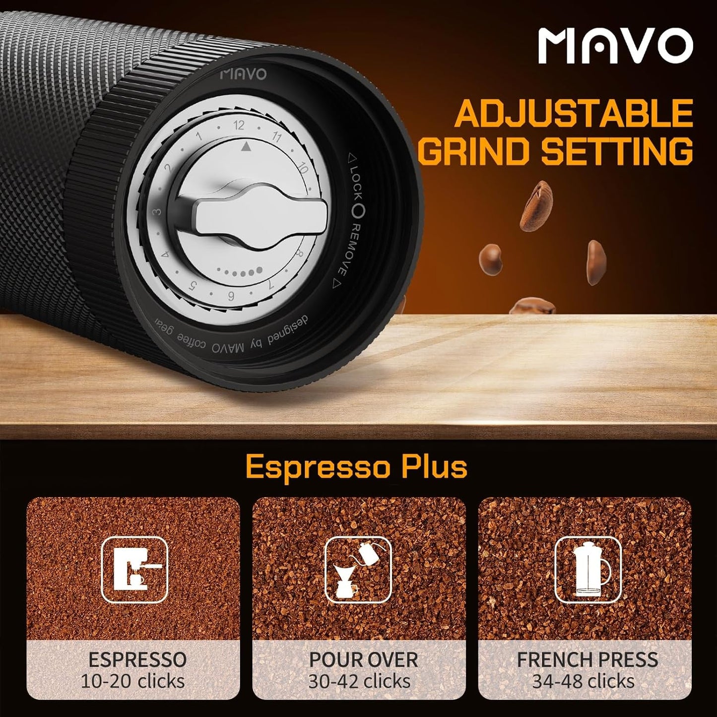 MAVO Manual Coffee Grinder, Wizard Hand Coffee Grinder, Capacity 25g with 2PCS CNC Stainless Steel Conical Burr -Pentagon and Hexagonal, Burr Coffee Bean Grinder for French Press, Pour Over, Silver