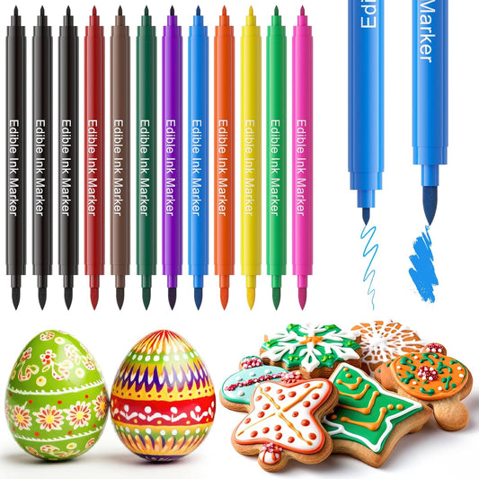 Jewem Edible Markers for Cookie Decorating,12Pcs Food Coloring Pens, Double Side Food Grade Pens with Fine & Thick Tip for Decorating Fondant, Cakes, Cookies, Easter Eggs, Frosting, Macaron, Halloween, Christmas