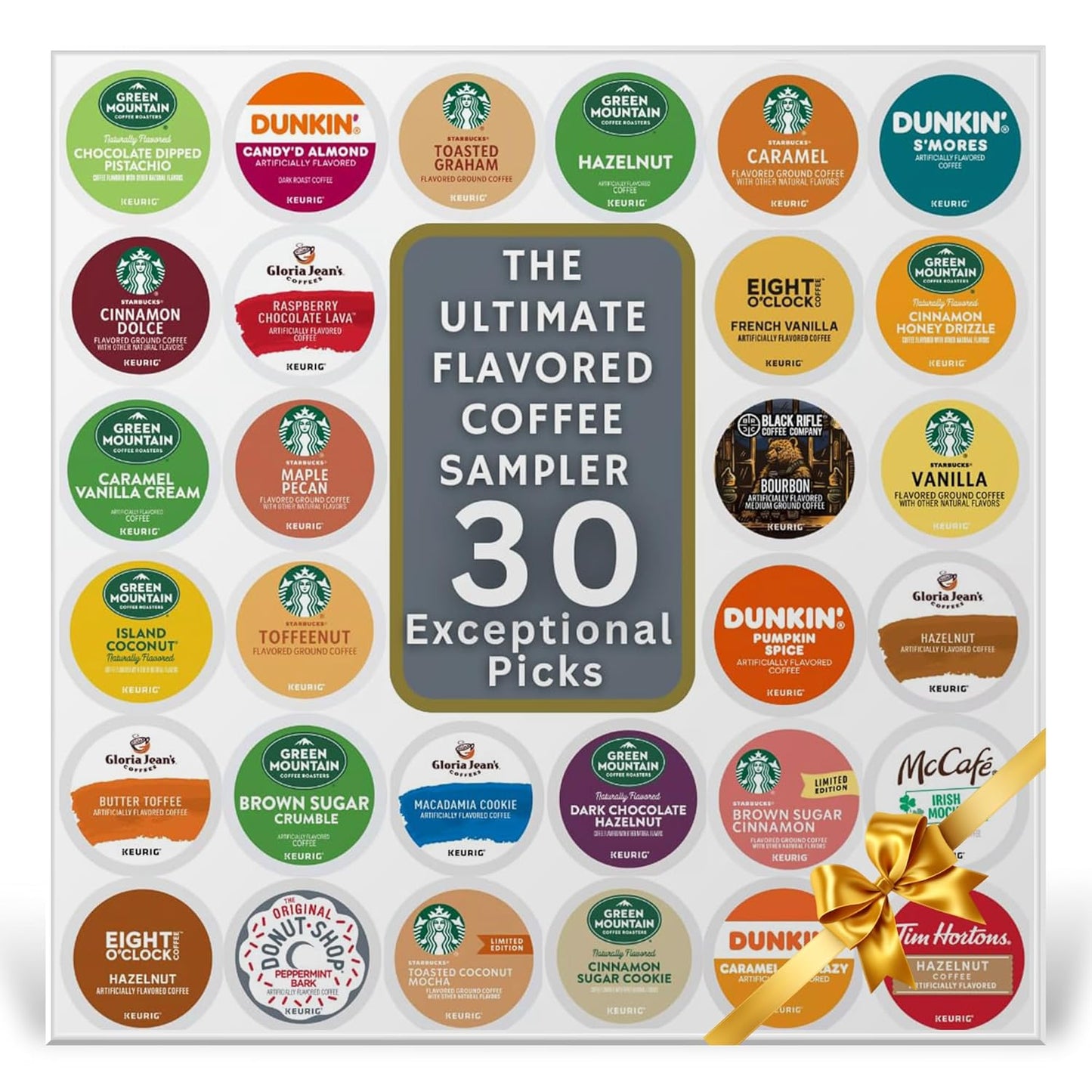 30 Flavored K-Cups: Unique & Exciting Variety Pack Collection" Dunkin, Green Mountain, Gloria Jean's And More (30 Unique Pods) Comes in a Nice Gift Box (Perfect for Gifting!)