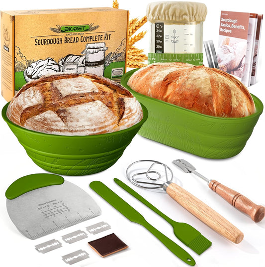 Sourdough Bread Baking Supplies 34 OZ Sourdough starter kit with 2 Bread Proofing Basket - Green