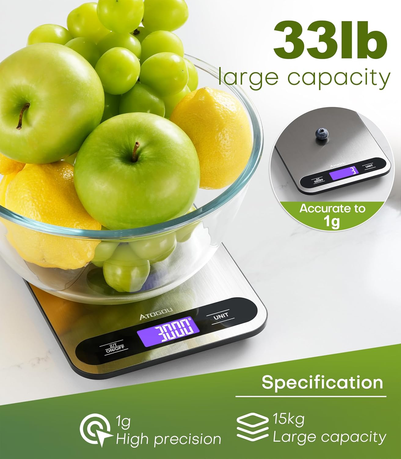 0.01oz/33lb Food Scale, Digital Kitchen Scale with Full View LCD Display, Stainless Steel Pan, for Cooking, Baking, Meal Prep Black&Grey