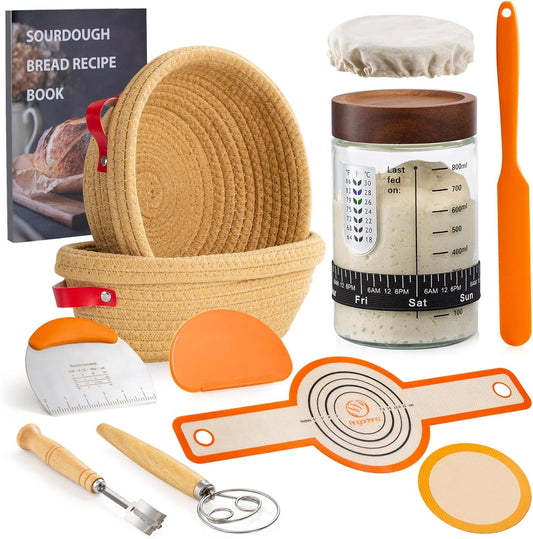 Sourdough Starter Kit, Handmade Cotton Rope oval and round banneton bread baskets with liners and covers, 35oz sourdough starter jar, essential bread baking tools
