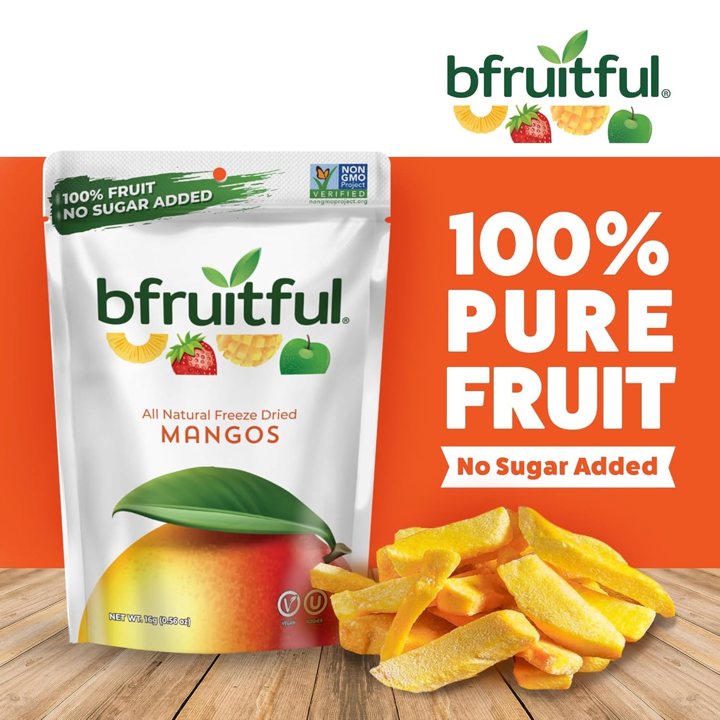 bfruitful Freeze-Dried Mango, Freeze Dried Fresh Fruit Bites, Gluten Free, Vegan, Dairy Free, Kosher, No Sugar Added, Non GMO, Healthy Snacks for Kids or Adults, 0.56 oz Single-Serve Snack Packets, 12 Pack