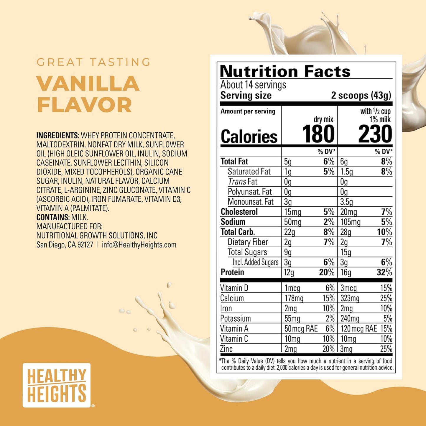 Healthy Heights Grow Daily Kids Protein Drink Mix (Vanilla) - High Protein Shake for Kids 3+