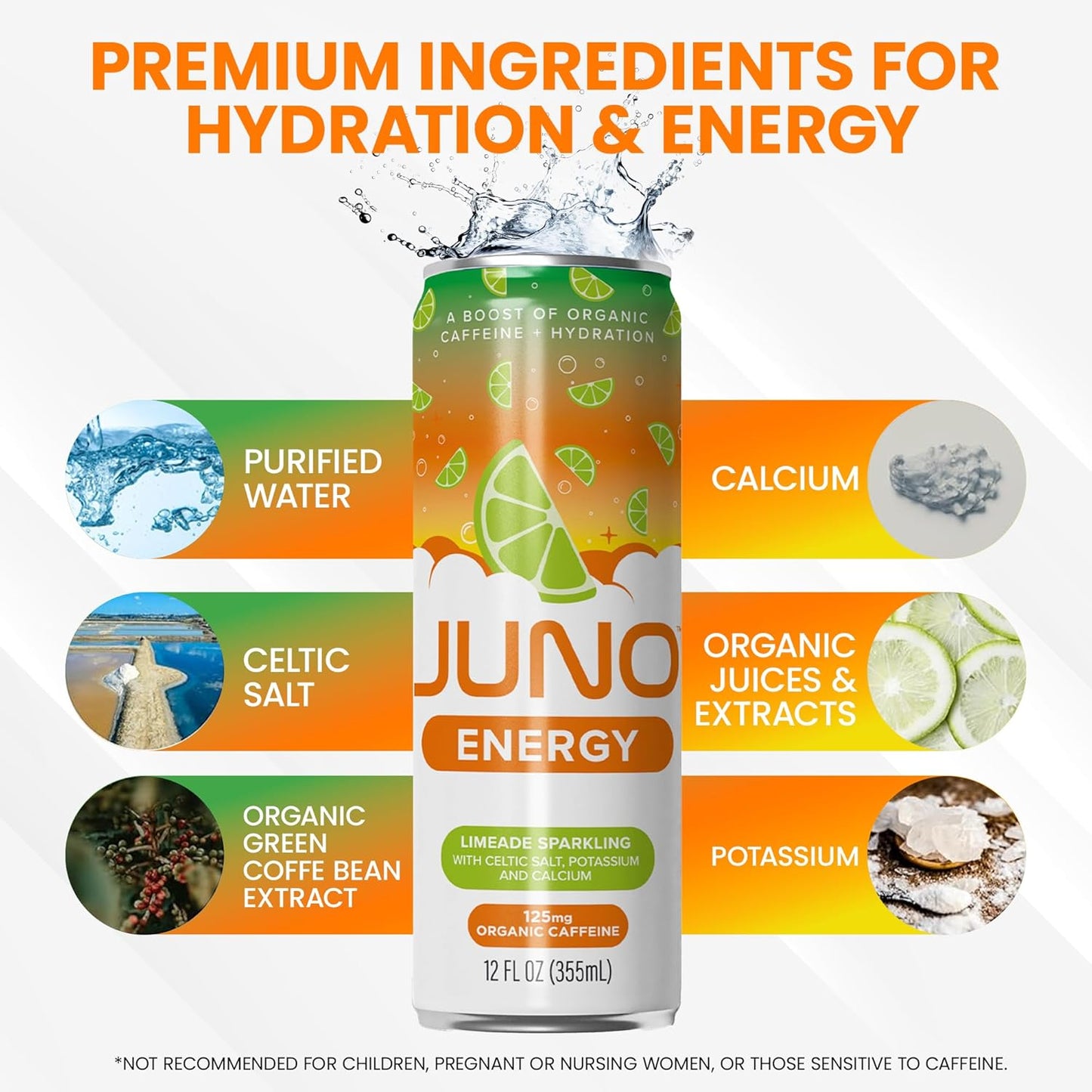 JUNO ENERGY Limeade Sparkling Energy Drink - Sugar Free Electrolytes, Energizing and Hydrating with 125mg Organic Caffeine from Green Coffee Beans, Organic Monk Fruit, Lime Juice & Electrolytes - Vegan, Gluten Free, 12 Pack