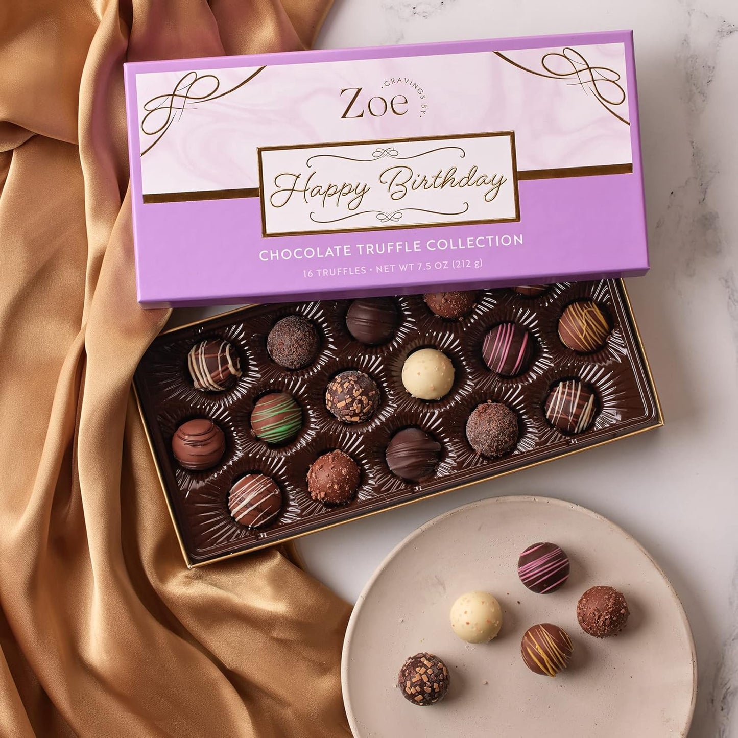 CRAVINGS BY ZOE Happy Birthday Chocolate Truffles Gift Box | 16 Count | Assorted Gourmet Milk & Dark Chocolate Candy Food Gift Basket | Birthday Gifts for Women & Men Mom Dad Kid Him Her Adult Family