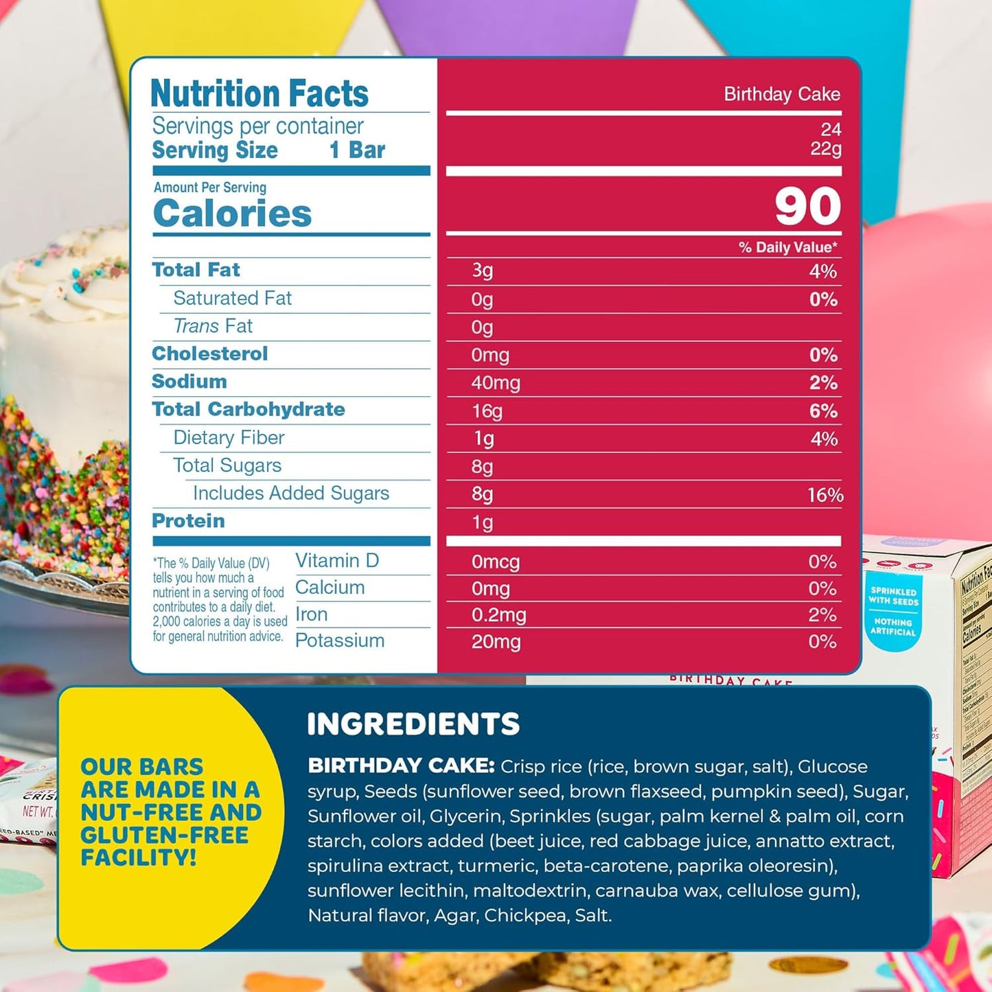 Blake’s Seed Based Crispy Treats – Birthday Cake (24 Count), Nut Free, Gluten Free, Dairy Free & Vegan, Healthy Snacks for Kids or Adults, School Safe, Low Calorie Soy Free Snack