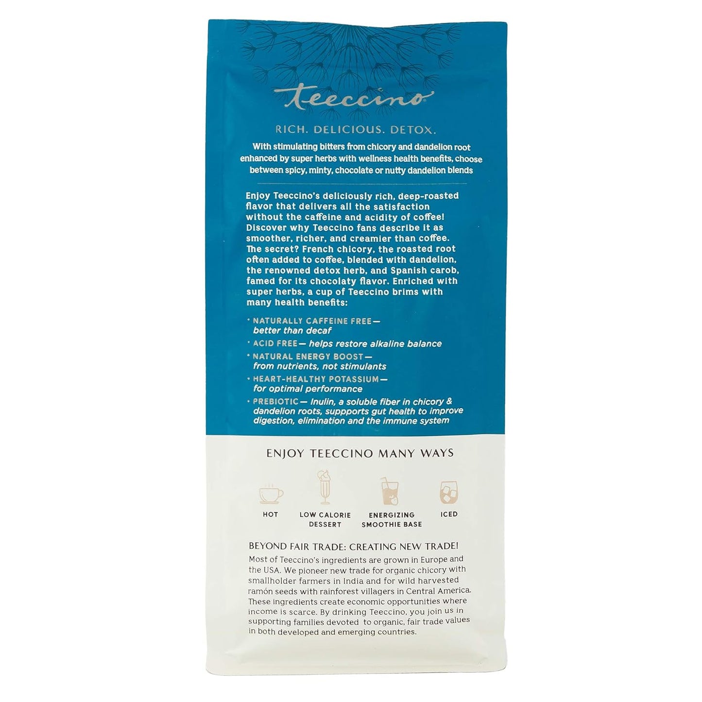 Teeccino Dandelion Vanilla Nut Herbal Coffee - Caffeine-Free Coffee Alternative with Prebiotics, Gluten Free, Acid Free - Medium Roast, 10 oz