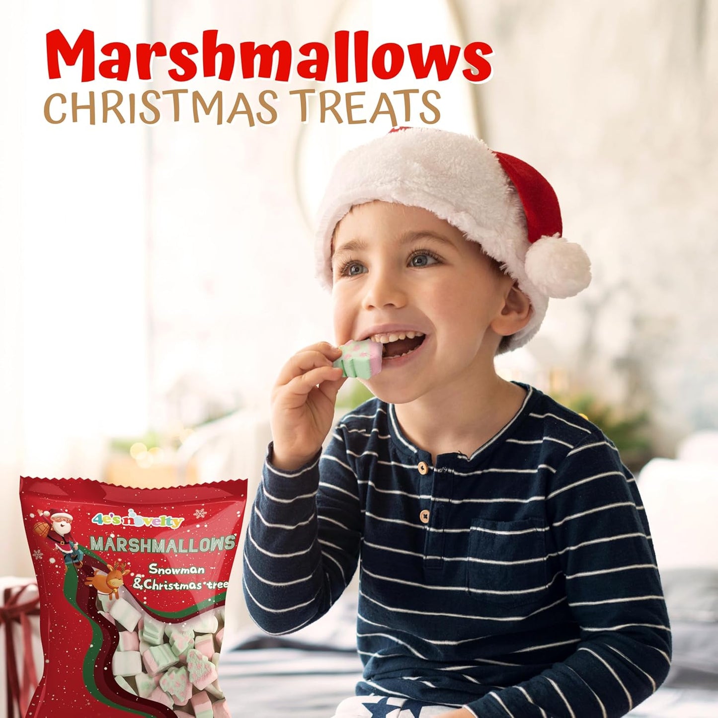 4E's Novelty Sweet Christmas Marshmallow Soft Candy Treats 65pcs (200gram) Bulk Snowman & Santas Shapes, Christmas Candy Stocking Stuffers Snacks, Party Favor for Kids & Adults