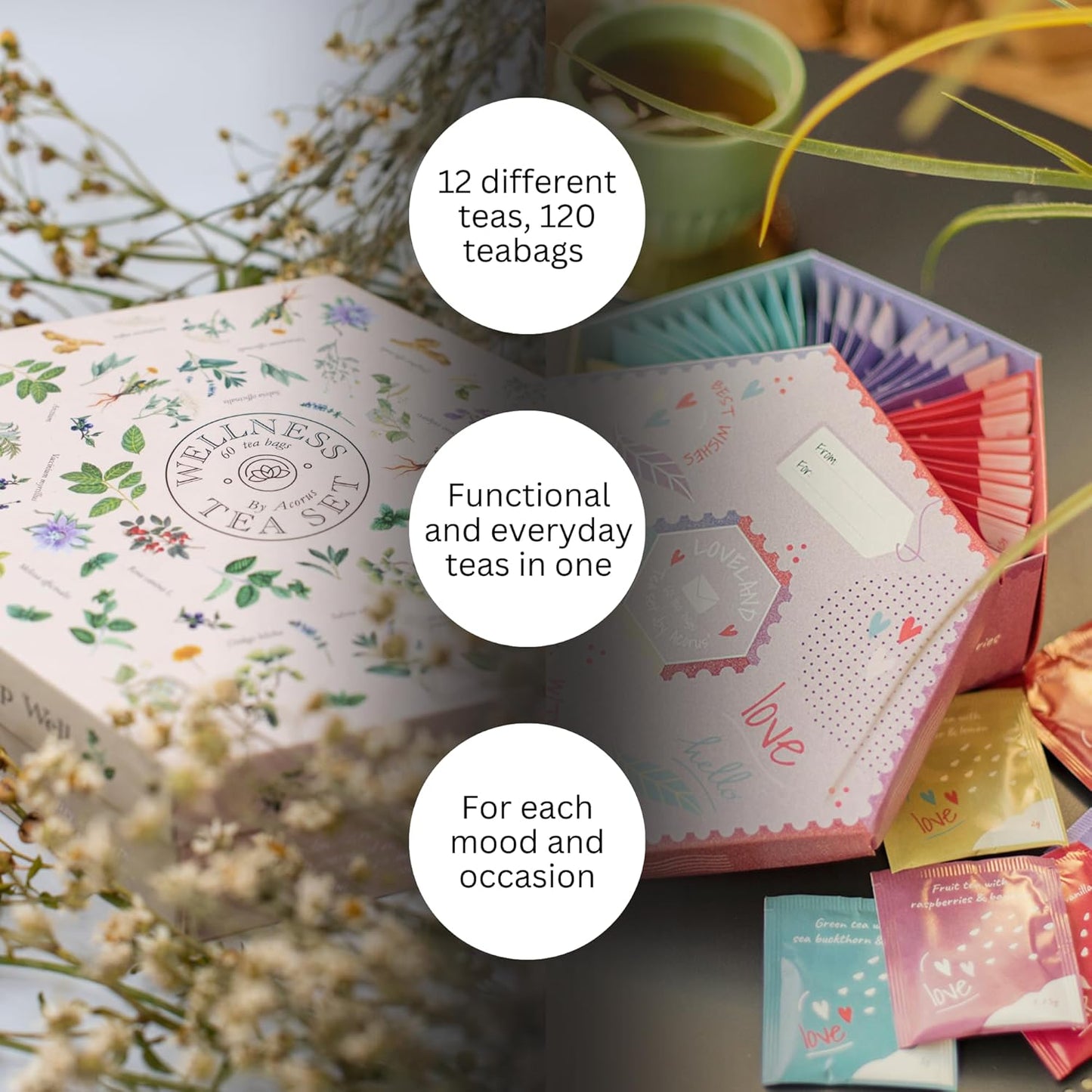 ACORUS Wellness & Loveland Tea Sets, Natural Assorted Herbal Tea Hamper Box Gift Sets, Large Variety of 120 Tea Bags, 12 Flavours