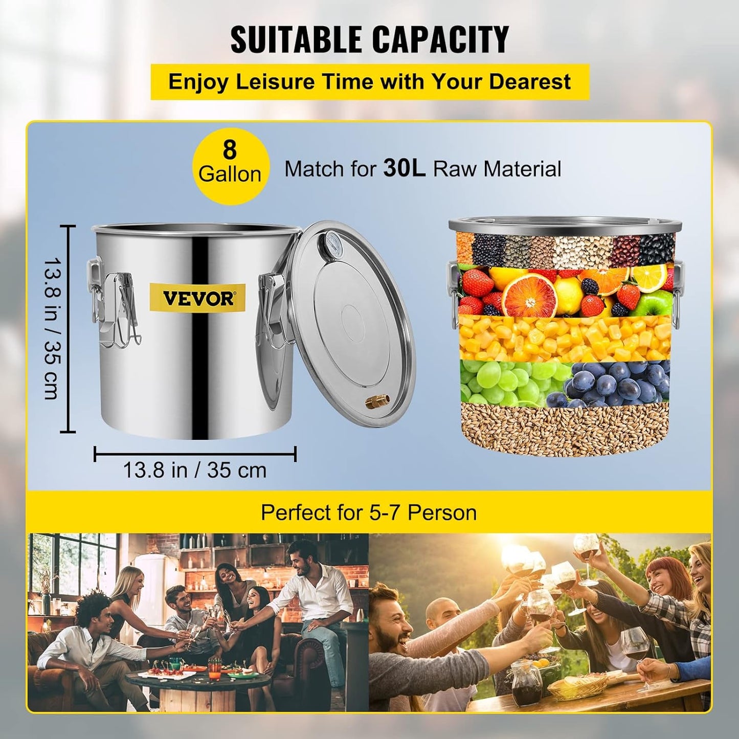 VEVOR Alcohol Still 8Gal/30L Alcohol Distiller Stainless Steel Distillery Kit for Alcohol With Copper Tube & Pump Home Brewing Kit Build-in Thermometer for DIY Whisky Wine Brandy