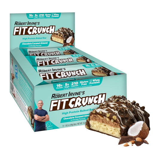 FITCRUNCH Snack Size Protein Bars, 6-Layer Baked Bar, 5g of Sugar & Soft Cake Core (9 Bars, Chocolate Coconut Almond)