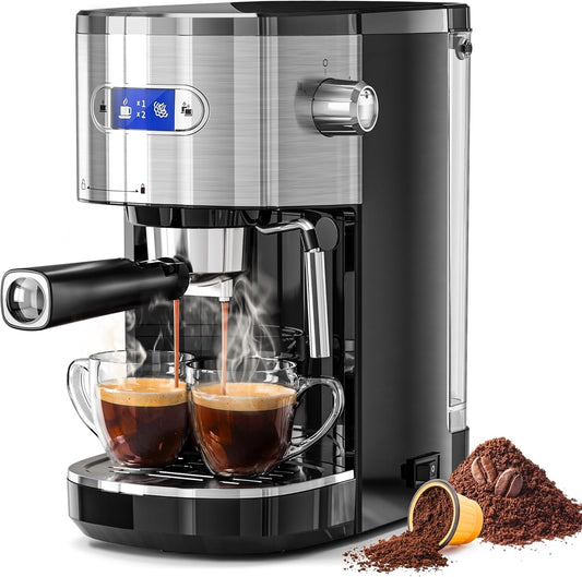 Kismile 20-Bar Espresso Machines,Semi-Automatic Espresso Machines with Milk Frother Steam Wand and Capsule Compatible,Professional Makers with Removable Water Tank for Latte &Cappuccino(BLACK)