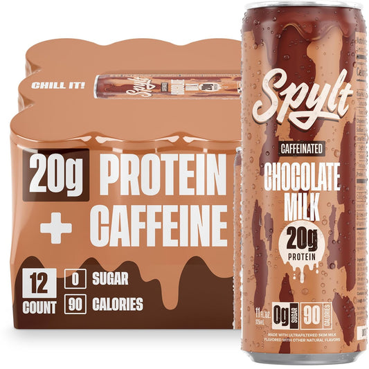 Spylt High Protein Chocolate Milk with 60mg Caffeine & 20g Protein - 90 Calories, Ready to Drink, Sugar Free, Lactose Free Milk, Perfect for Workout Recovery & Afternoon Pick Me Up - 12 Count