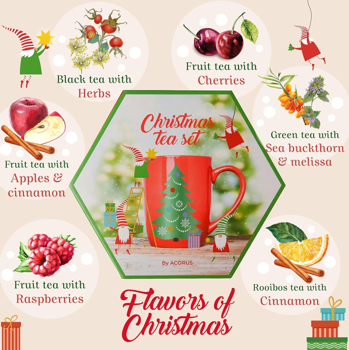 ACORUS Christmas Tea Set, Herbal Fruit Tea Gift Set, 60 Assorted Tea Bags Variety Pack, Herbal Tea and Fruit Tea Sampler, Specialty Tea Bags Individually Wrapped, Tea Gifts for Women, Men, Tea Lovers