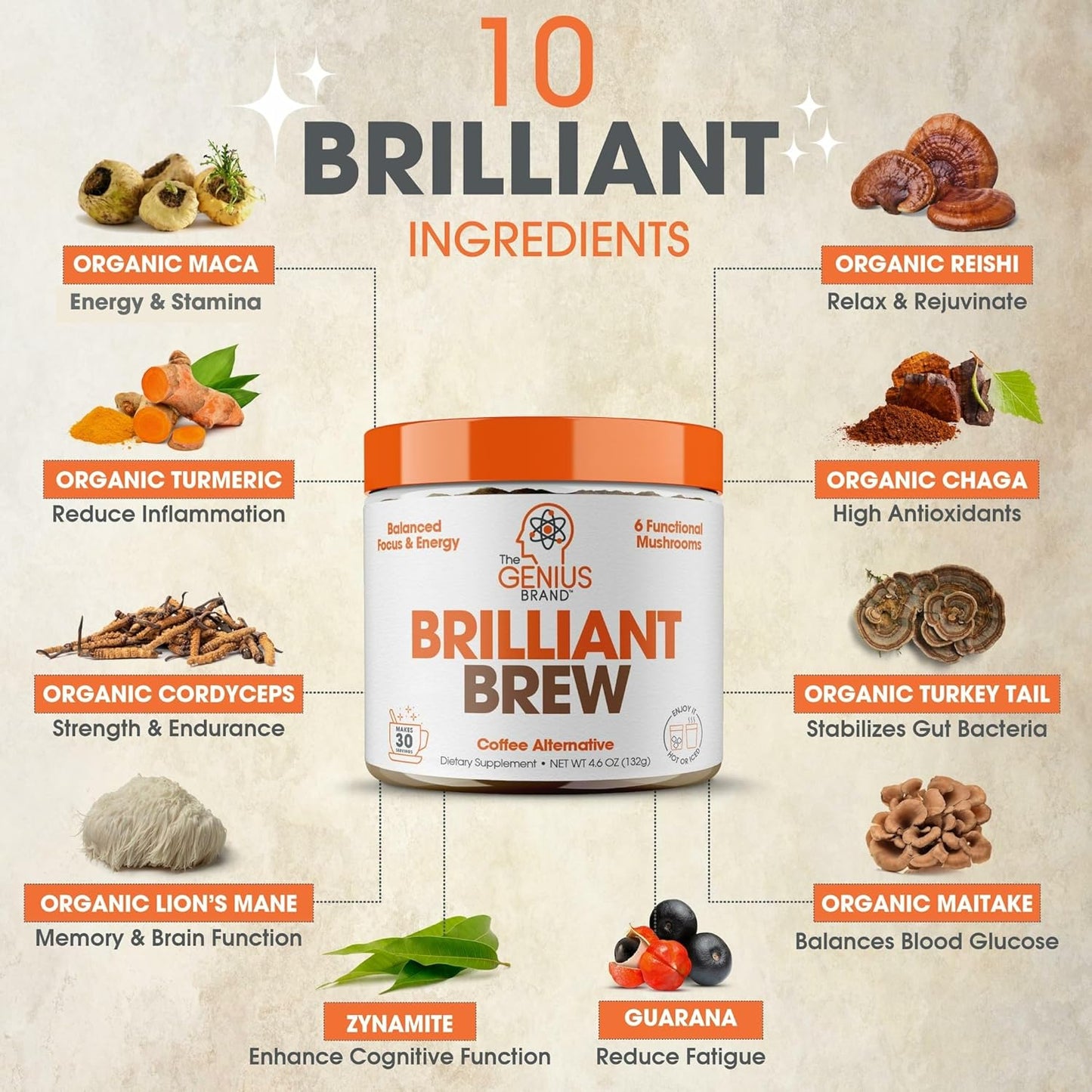 The Genius Brand Genius Brilliant Brew - Natural Coffee Substitute for Clear Thinking, Energy & Immune Support - No Crash or Jitters - Powered by Nootropics - Non-GMO - 30 Servings - Sweet Cocoa
