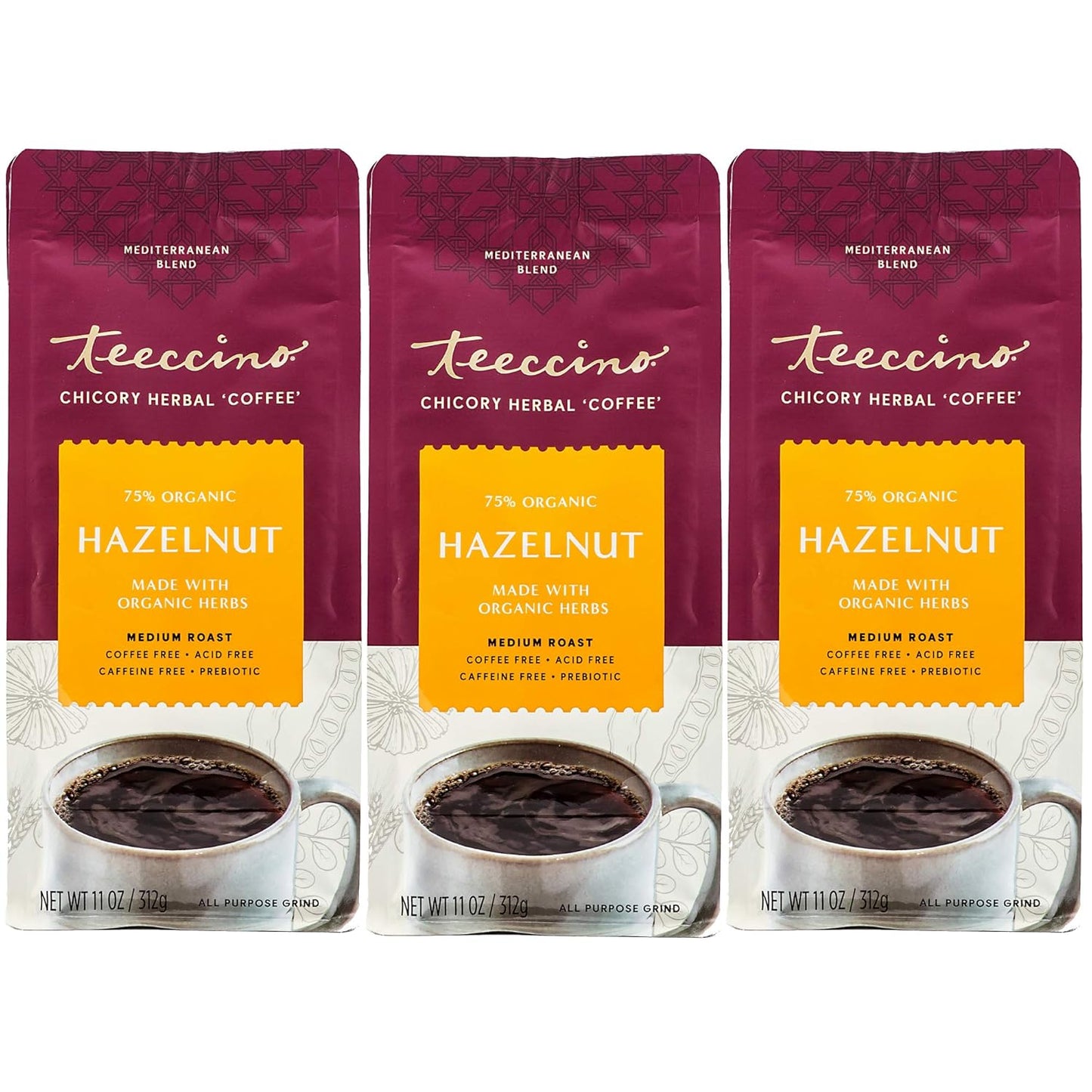 Teeccino Hazelnut Chicory Coffee Alternative - 11 Ounce - Ground Herbal Coffee That’s Prebiotic, Caffeine Free & Acid Free, Medium Roast, (Pack of 3)