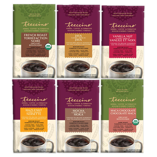 Teeccino Herbal Coffee Sampler - 6 x 30g Trial Size Chicory Coffee Alternatives - French Roast, Vanilla Nut, Hazelnut, Mocha, Maca Chocolate, Java – Prebiotic, Caffeine Free & Acid Free