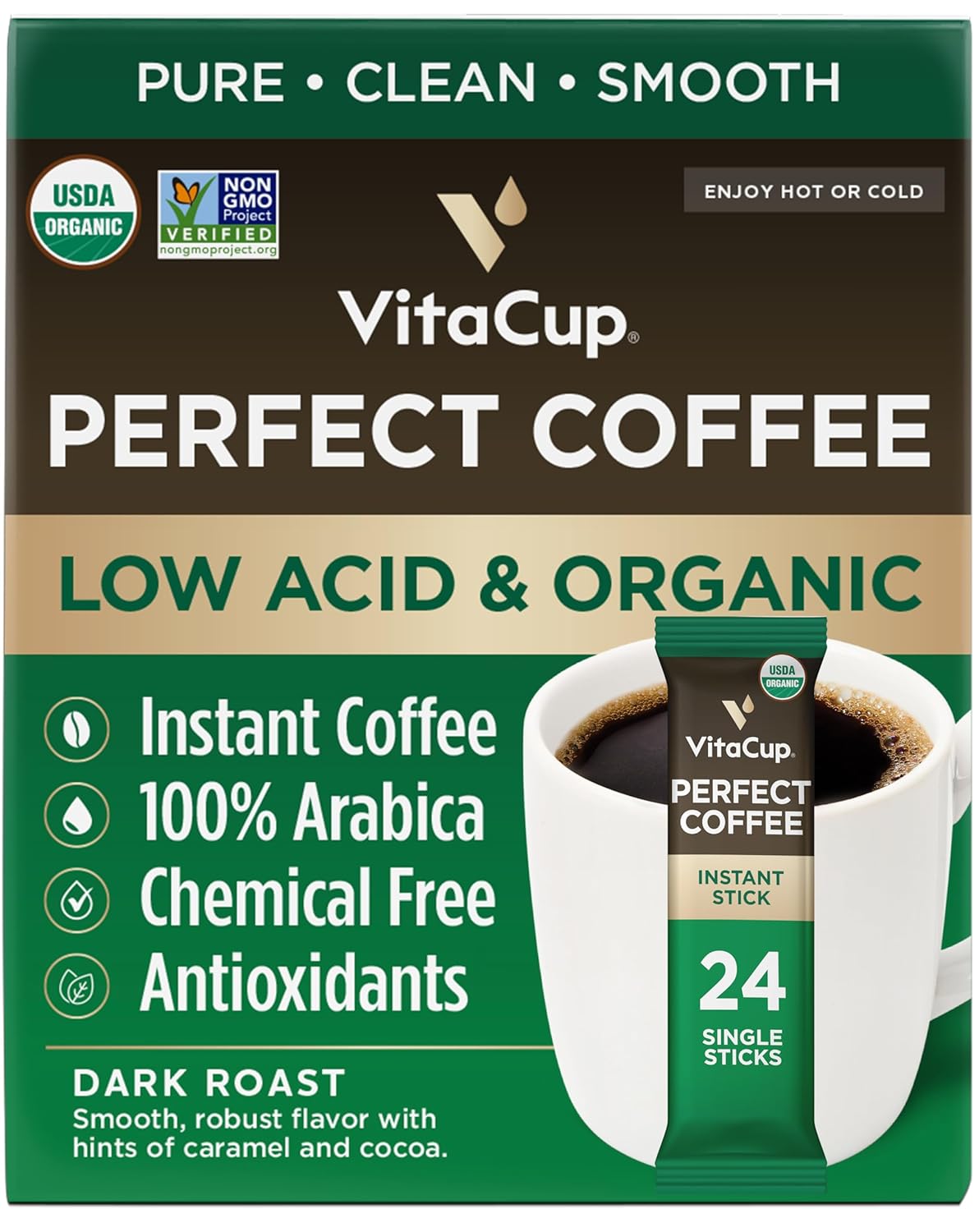 VitaCup Perfect Low Acid Instant Coffee Packets, Dark Roast Coffee, USDA Organic & Fair Trade, Third Party Tested for Mycotoxins & Pesticides, Single Origin, Clean & Pure, 24 ct