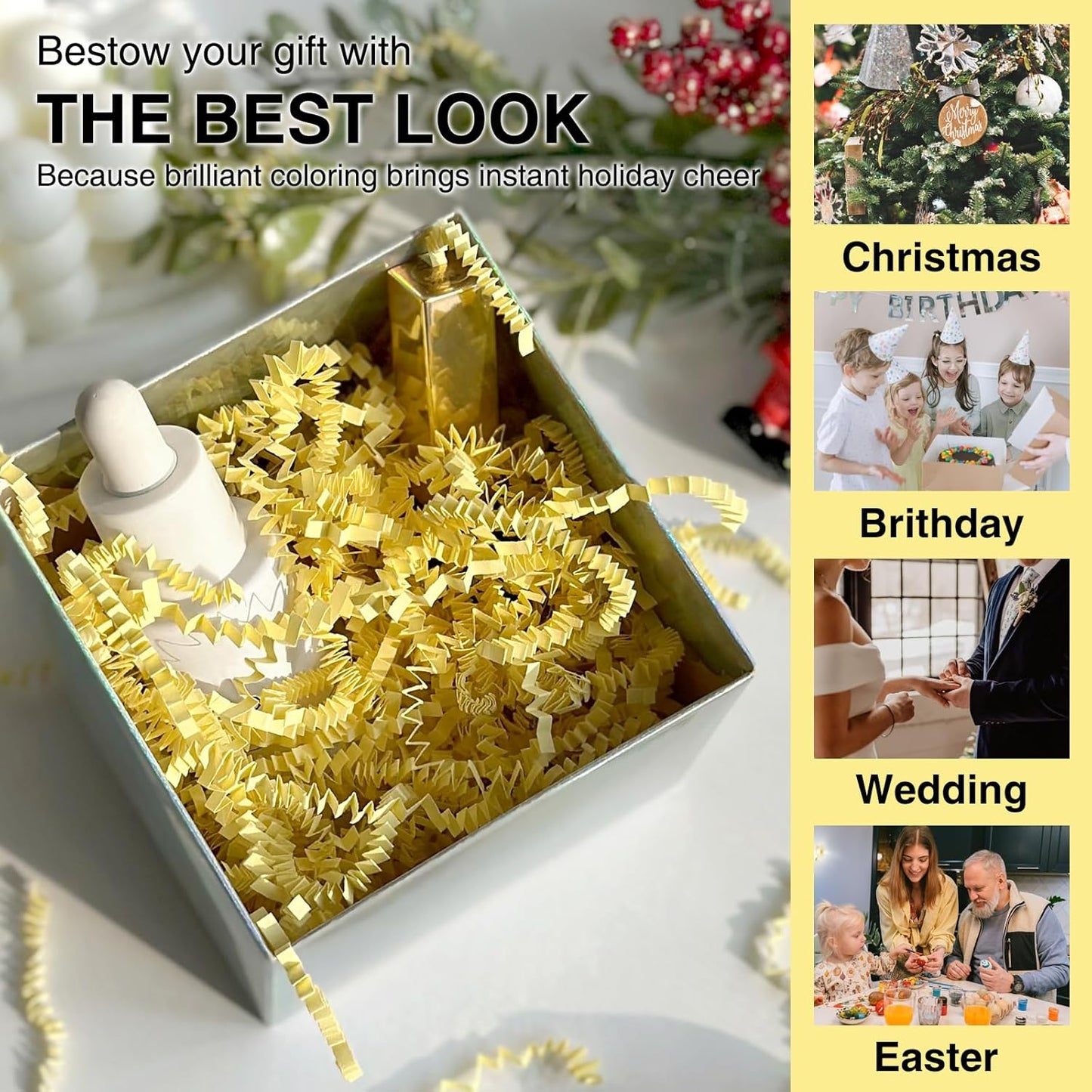 2 LB Crinkle Paper Shred Filler for Bag Gift Box Basket Paper Shreded Stuffing Decoration for Holiday Party (Light Yellow)