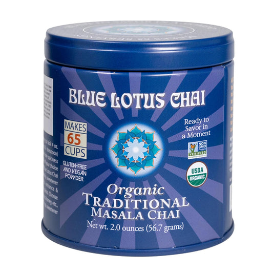 Blue Lotus Chai Tea - Fully Organic Traditional Masala Chai - Makes 65 Cups - 2 Ounce Masala Spiced Chai Powder with Organic Spices - Instant Indian Tea No Steeping - No Gluten
