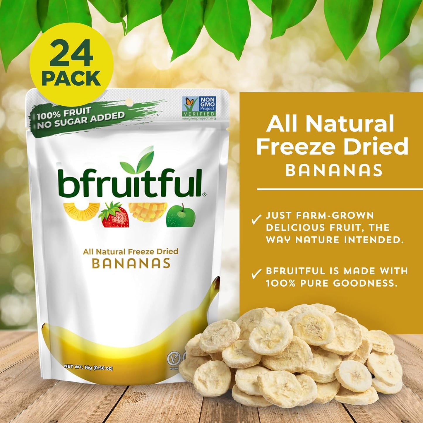 bfruitful Freeze-Dried Banana, Freeze Dried Fresh Fruit Bites, Gluten Free, Vegan, Dairy Free, Kosher, No Sugar Added, Non GMO, Healthy Snacks for Kids or Adults, 0.56 oz Single-Serve Snack Packets, 24 Pack