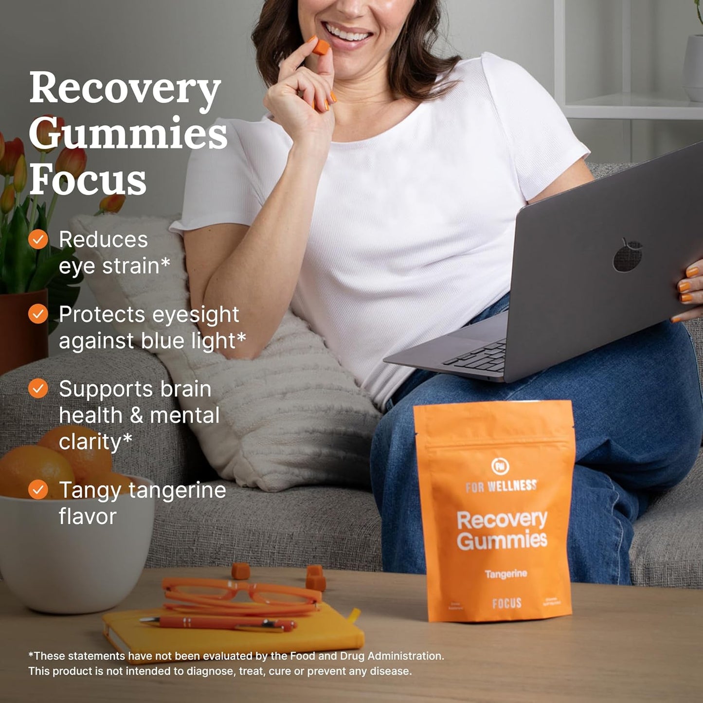 For Wellness Recovery Gummies | Tangerine Eye & Brain Support Supplements with Lutemax 2020®, Lutein, Zeaxanthin, Vitamin A & Cordyceps for Vision, Memory & Stress Support | Vegan, Non-GMO, 90 Count